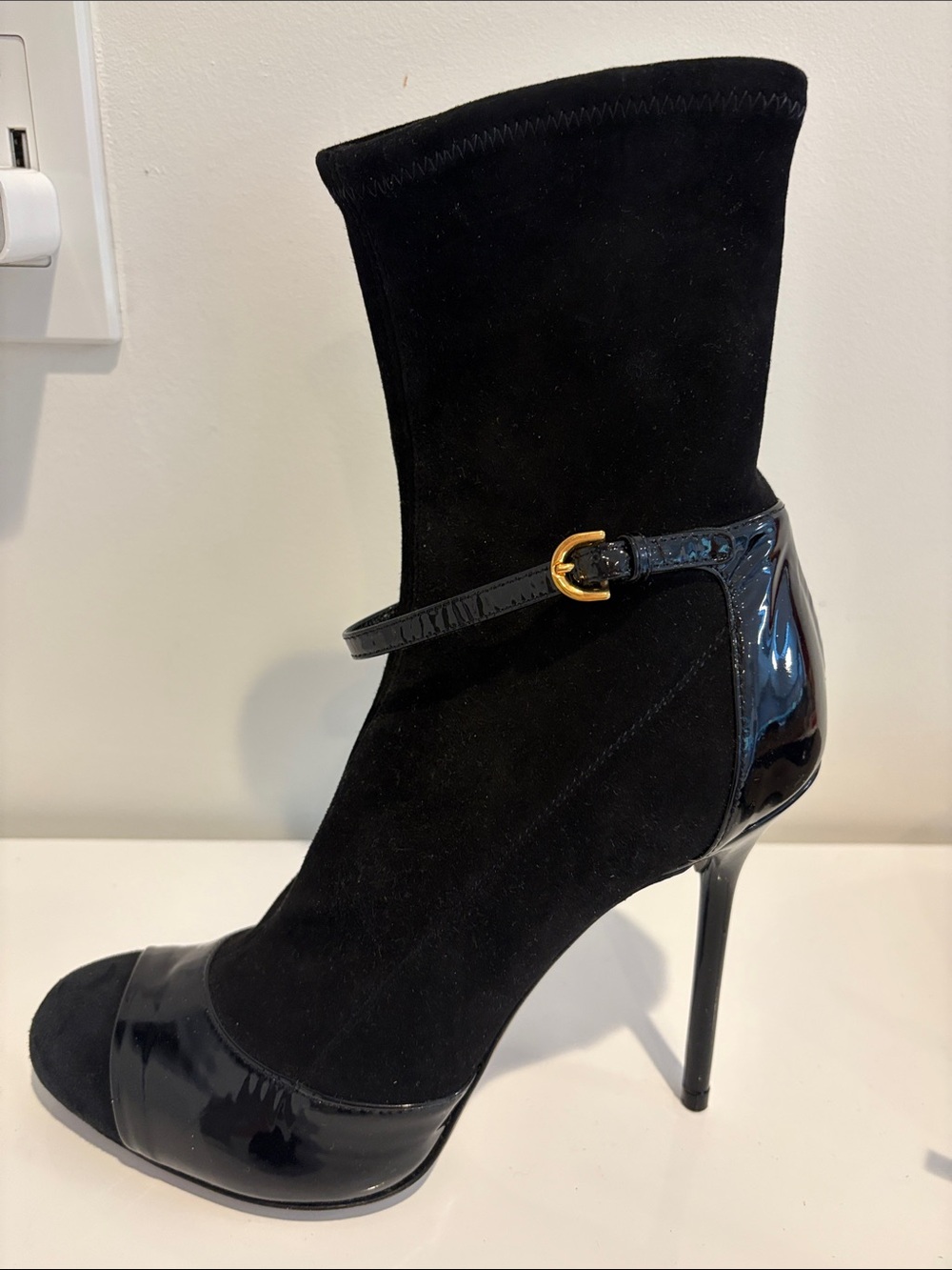 Sergio Rossi Black Suede & Patent Mary Jane Ankle Boots